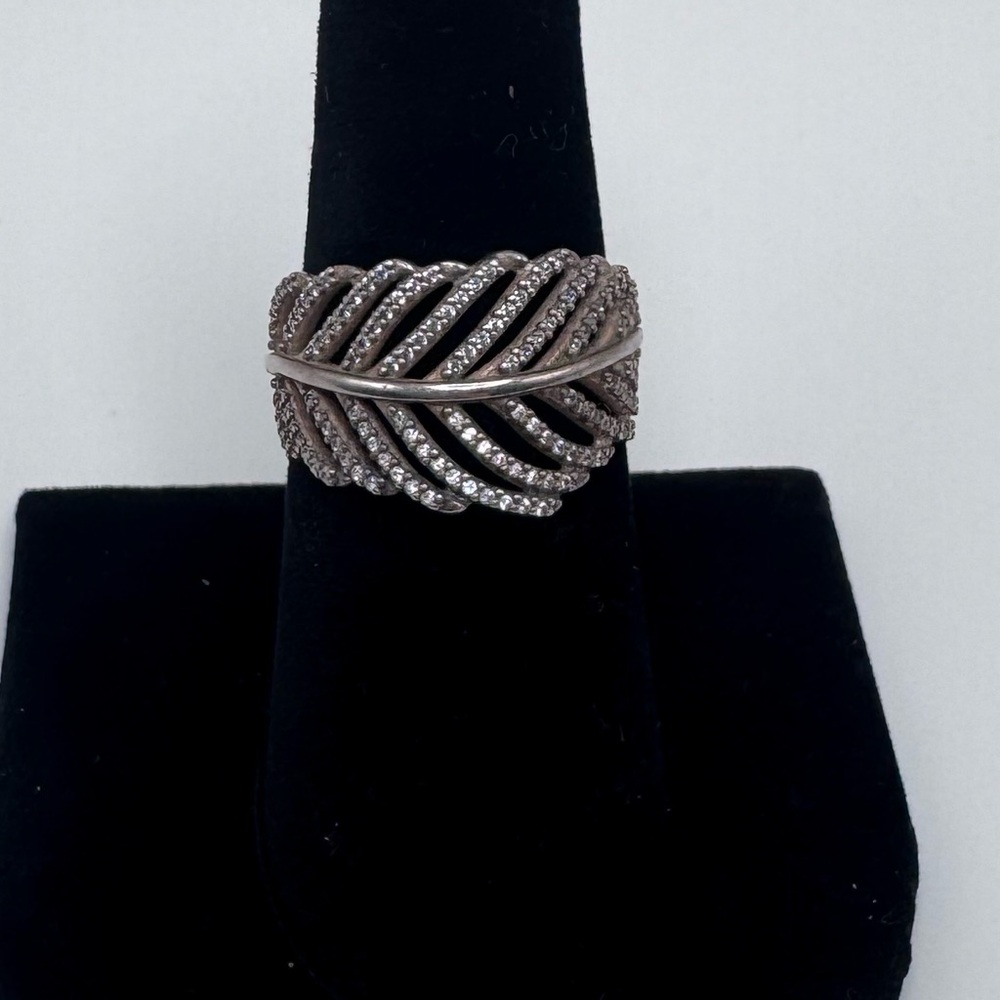 Pandora Light As A Feather Sterling Silver 925 Ring Clear Cubic Zirconia Sz 54